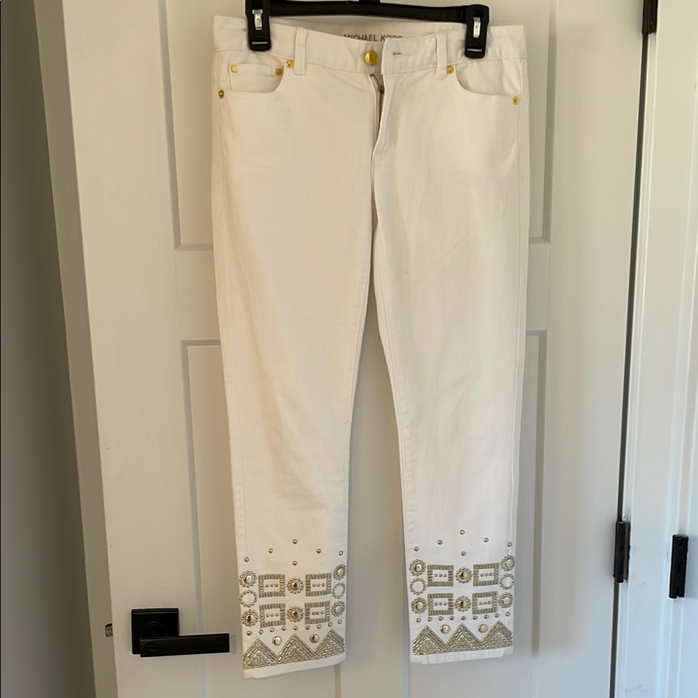 MICHAEL Michael Kors Gold and White Cropped Jeans with Lace Detail